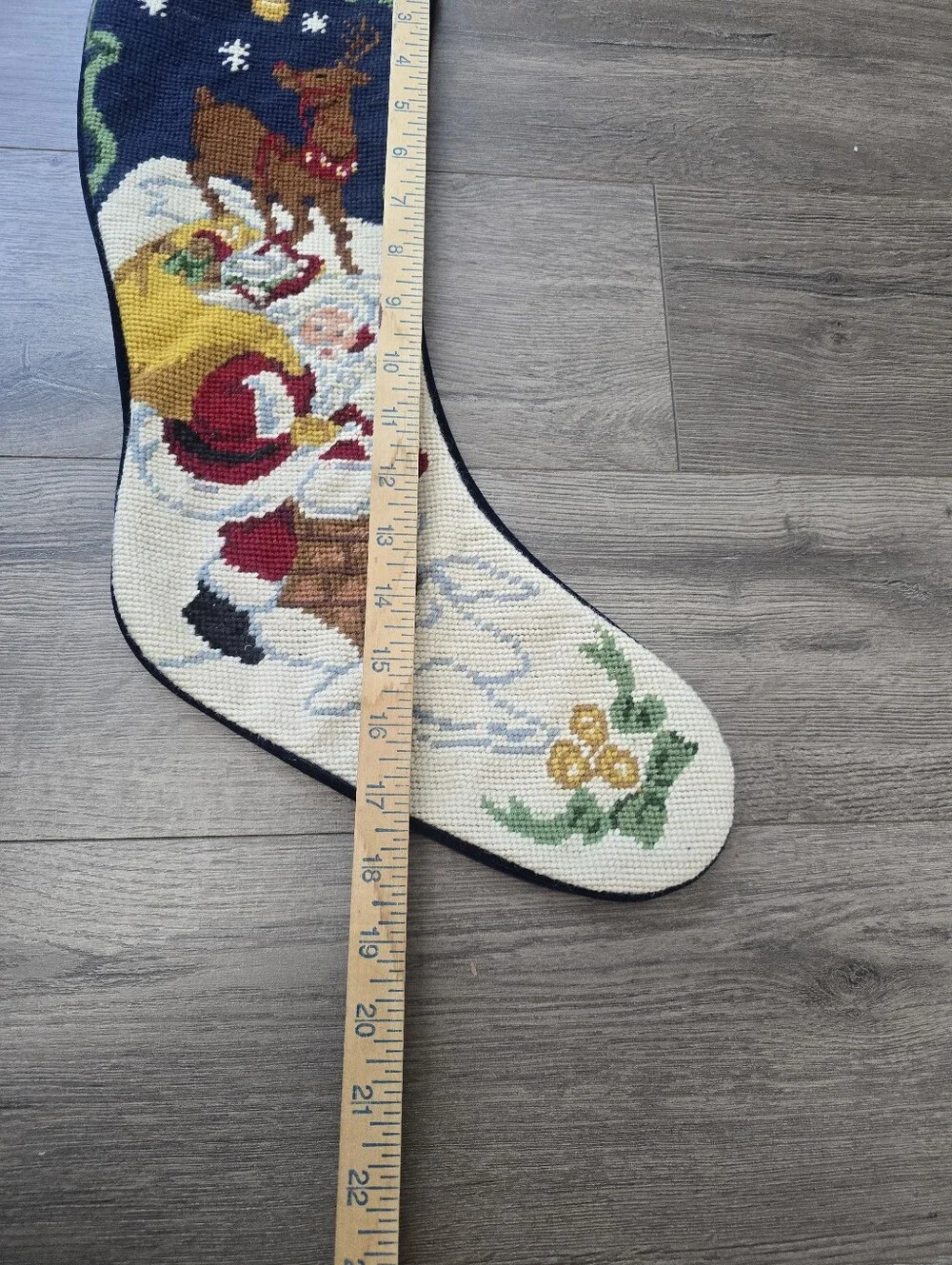 Needlepoint Santa & Reindeer Chimney Christmas Stocking Holiday Cottagecore